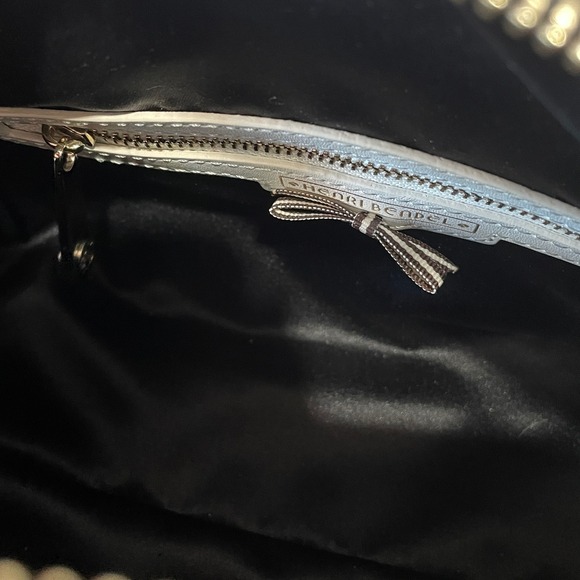 EUC Henri Bendel Centennial Mini Barrel Bag Striped Blue Tapestry - Picture 13 of 17